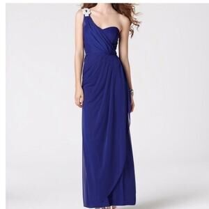 NWT XScape Blue Embellished One Shoulder Ruched Maxi Dress Gown size 14